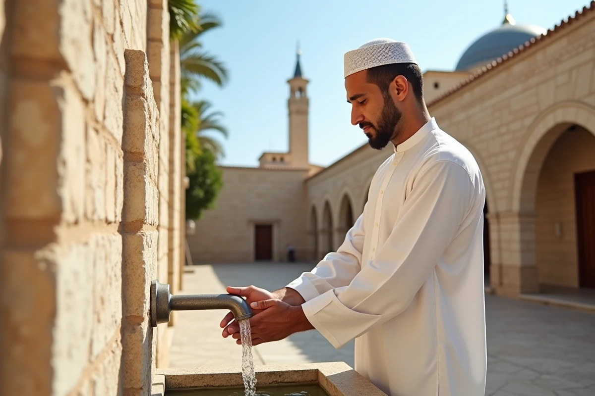 Homme effectuant les ablutions avant la prière dans une cour de mosquée à Marseille
