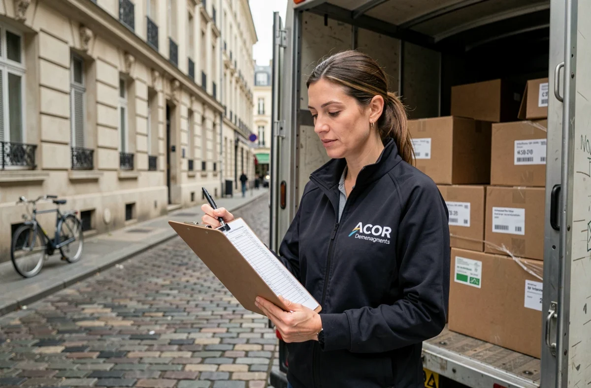 Coordinatrice Acor Demenagements consultant une liste d'inventaire sur presse-papiers devant un camion de déménagement chargé dans une rue résidentielle française