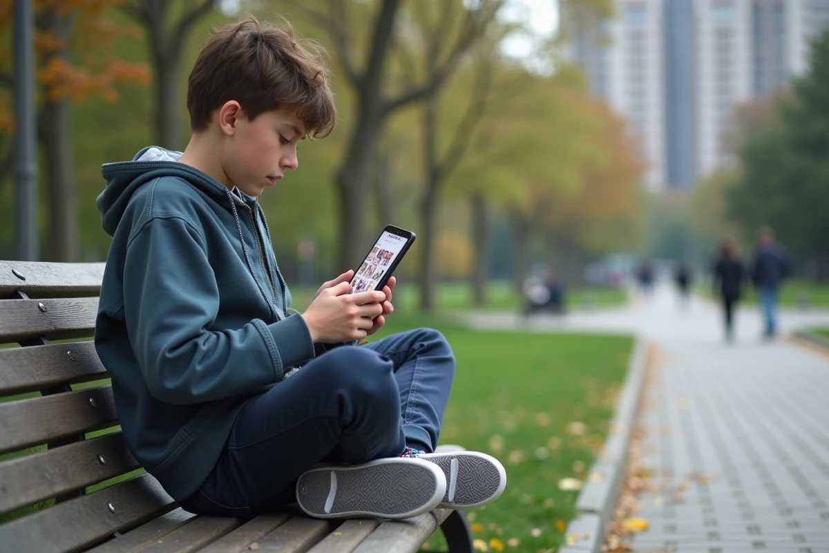 Adolescent lisant manga sur smartphone dans un parc