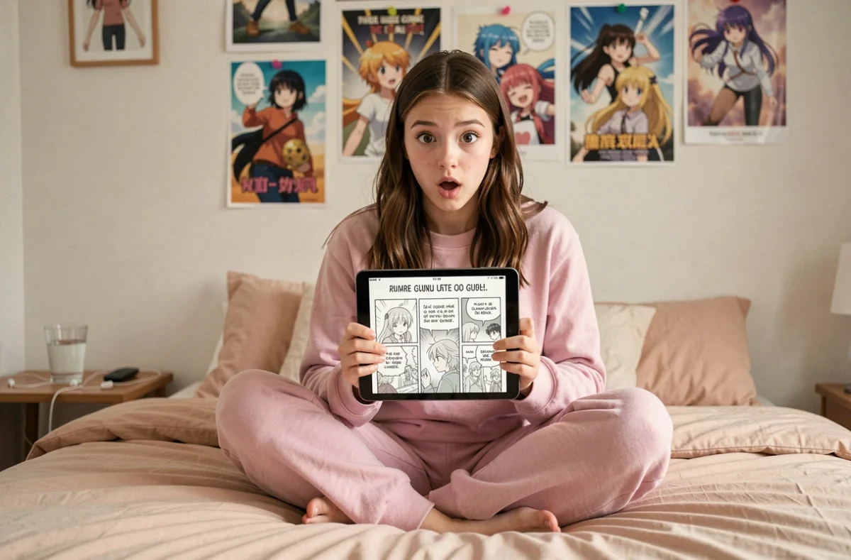 Adolescente lisant un scan manga en version française sur une tablette dans sa chambre