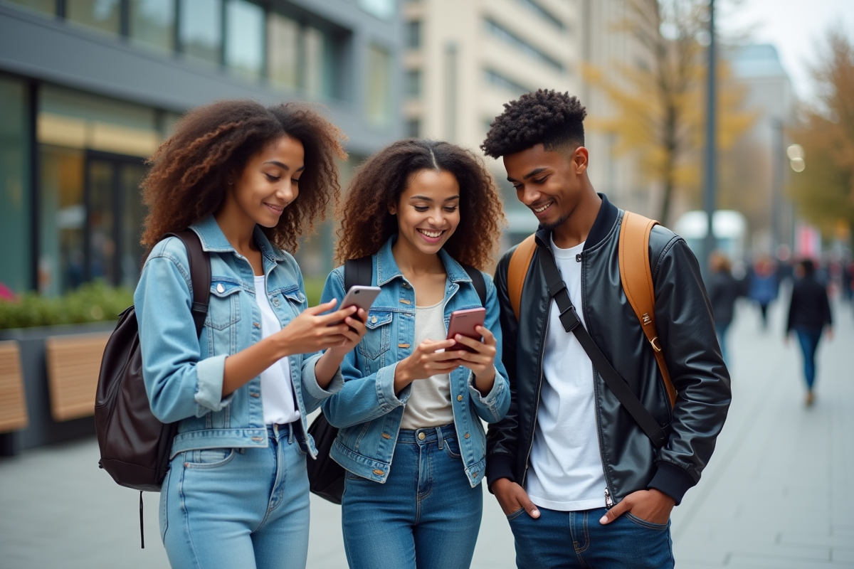 Trois adolescents utilisant la réalité augmentée en ville