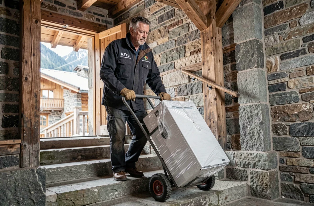 Déménageur ADS Aux Demenageurs Savoyards manœuvrant un appareil emballé dans l'escalier en pierre d'un chalet savoyard traditionnel