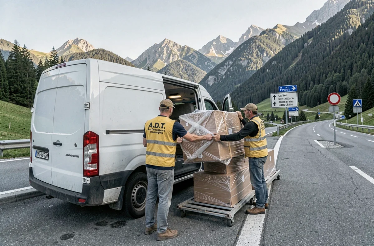 Équipe ADT Aux Demenageurs Transalpins chargeant un van de déménagement sur une route alpine avec des pentes boisées en arrière-plan