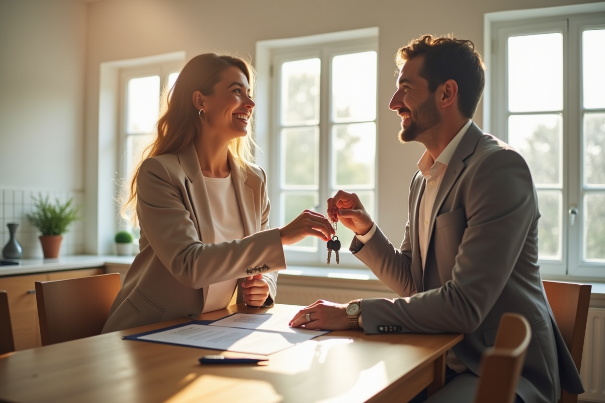 Agent immobilier remettant les clés à un couple souriant