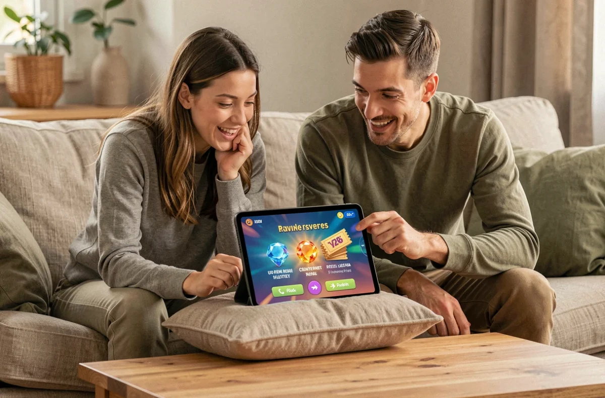 Deux amis consultant ensemble les codes de rachat Chapters sur tablette pour obtenir diamants et tickets gratuits