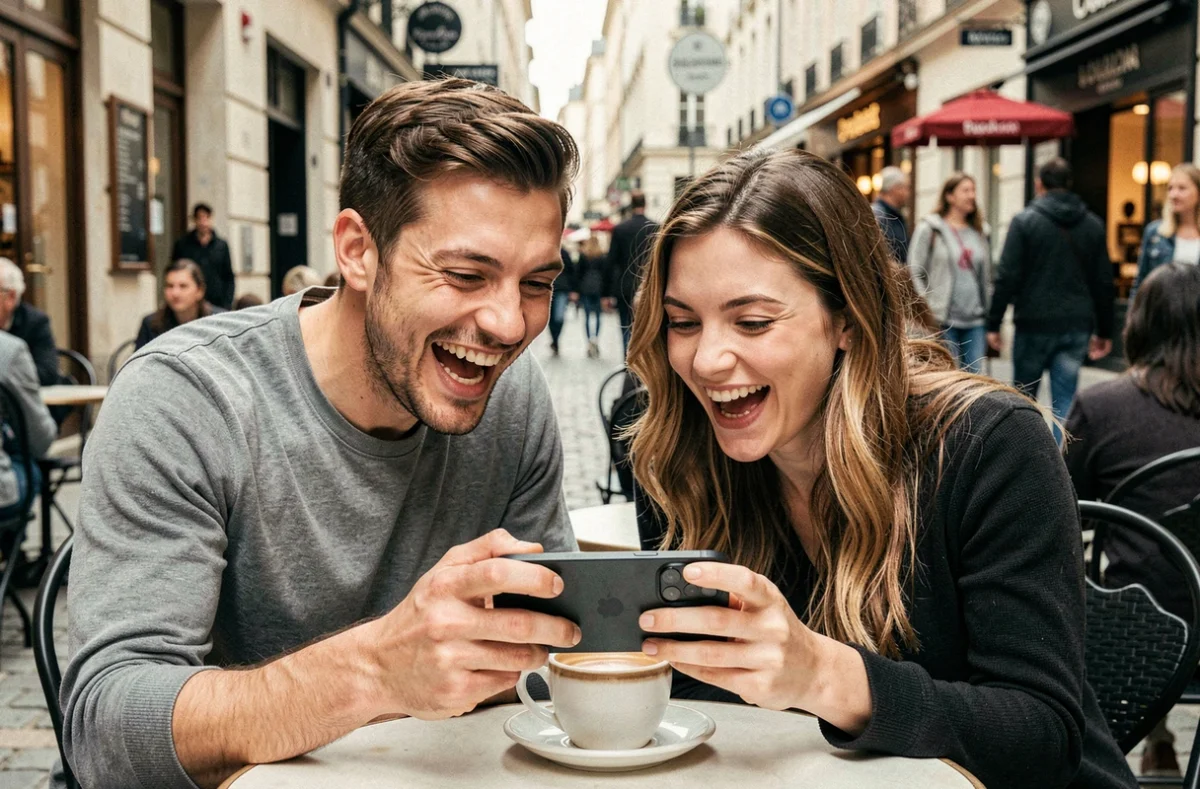 Deux amis partageant une session de jeux mobiles en terrasse de café en ville