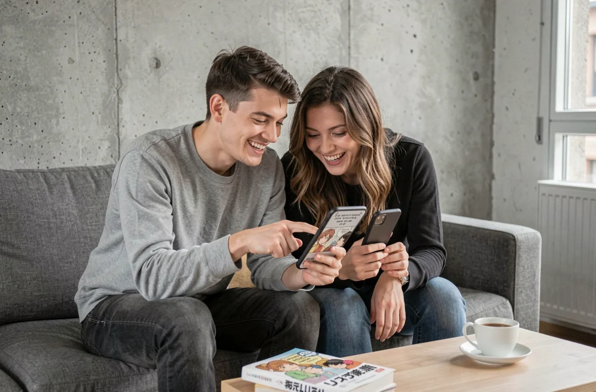 Deux amis lisant ensemble un scan manga en VF sur smartphone dans un appartement moderne