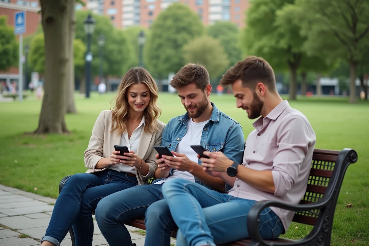 Trois amis discutant avec leurs smartphones dans un parc urbain
