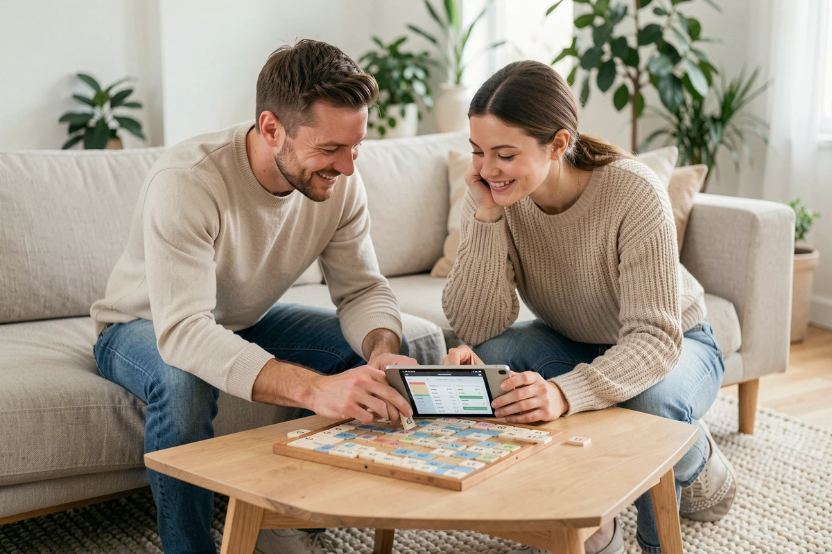 Deux amis consultant un solveur de mots sur tablette pendant une partie de Scrabble dans un salon