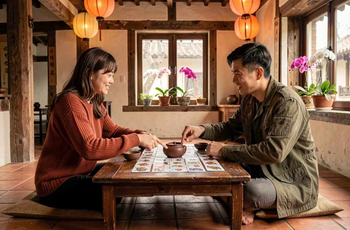 Deux amis nés en 1993 explorant ensemble les cartes du zodiaque chinois autour d'un thé dans un salon traditionnel