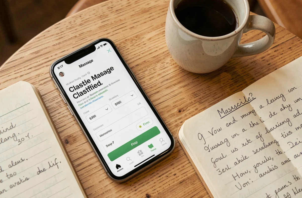 Vue aérienne d'une table avec un smartphone affichant une annonce de massage en ligne et un carnet de notes sur les prix à indiquer