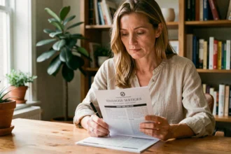 Femme consultant une petite annonce de massage à son bureau à domicile, stylo à la main, réfléchissant à l'affichage des prix
