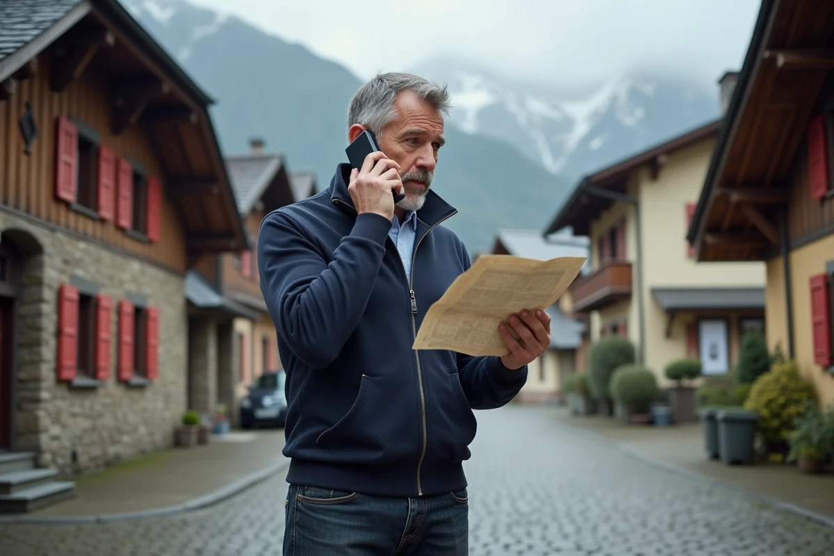 Homme consultant un plan et téléphonant avec l'indicatif 0041 dans une rue pittoresque d'un village suisse alpin