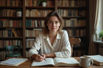 Femme écrivant des vers à la main dans un carnet sur un bureau en chêne, atelier d'écriture poétique à domicile