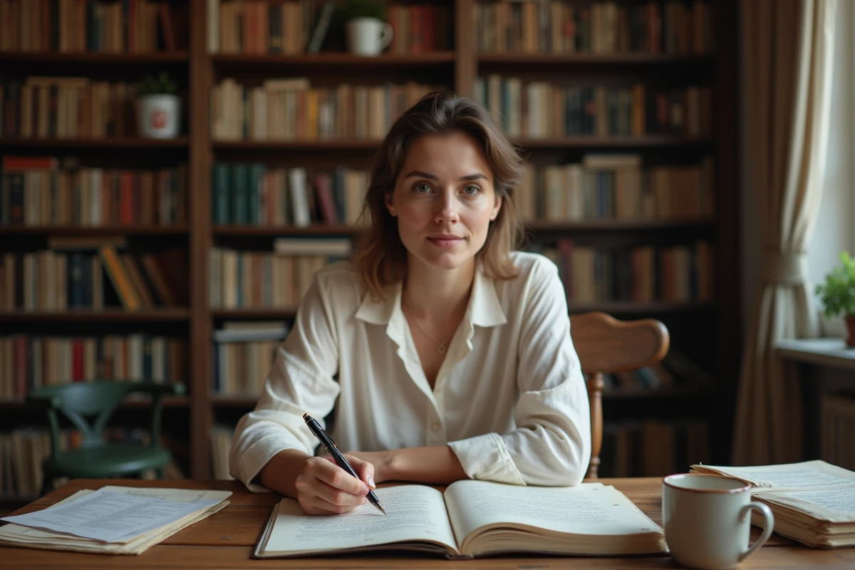 Femme écrivant des vers à la main dans un carnet sur un bureau en chêne, atelier d'écriture poétique à domicile