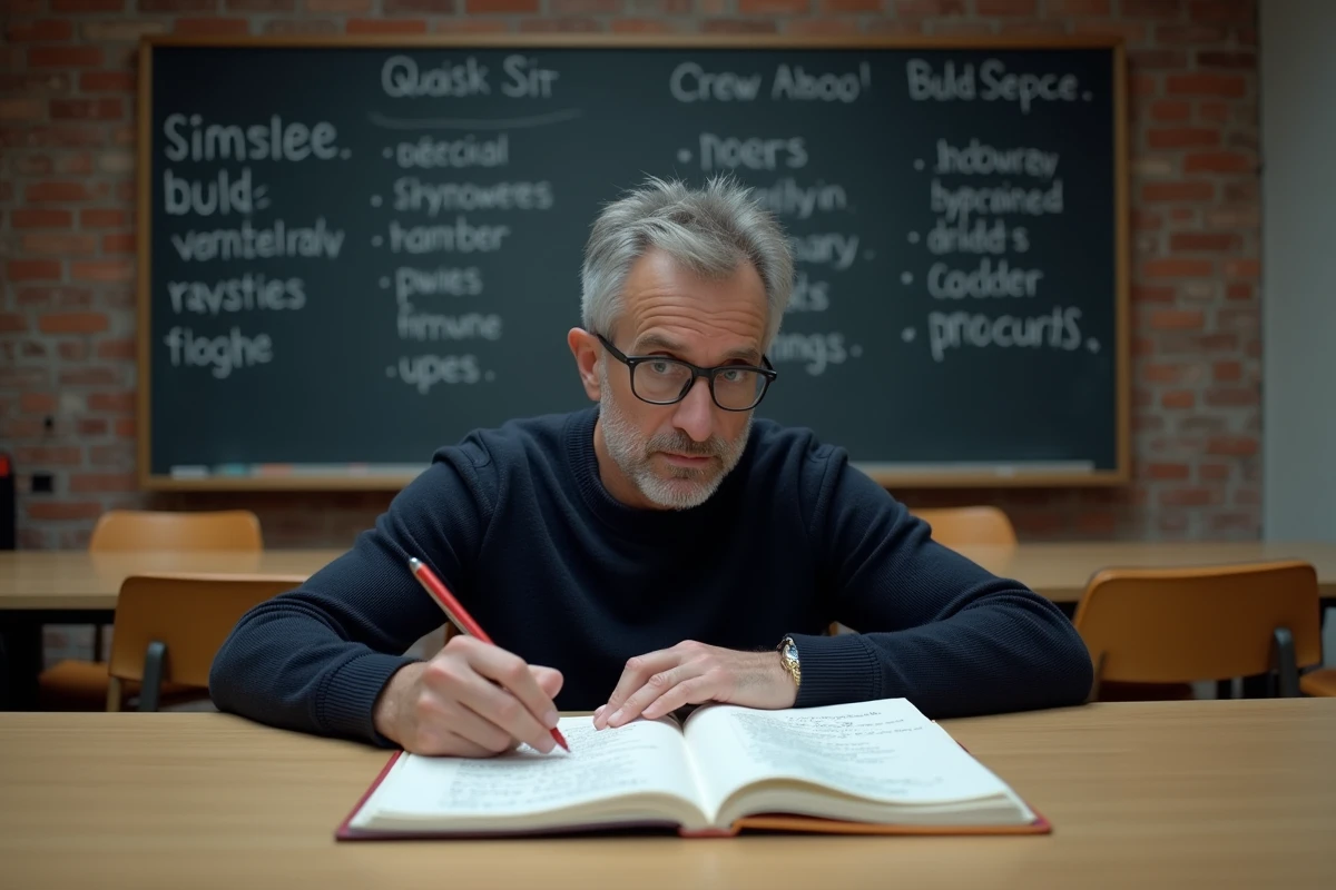 Homme participant à un atelier d'écriture poétique dans un studio créatif, annotations de rimes sur un tableau noir