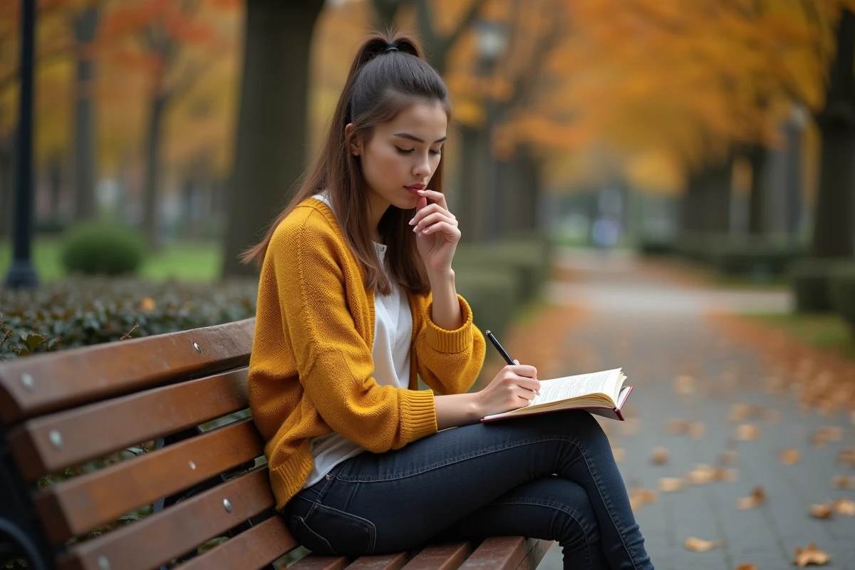 Jeune femme lisant et travaillant des rimes dans un journal poétique sur un banc de jardin en automne