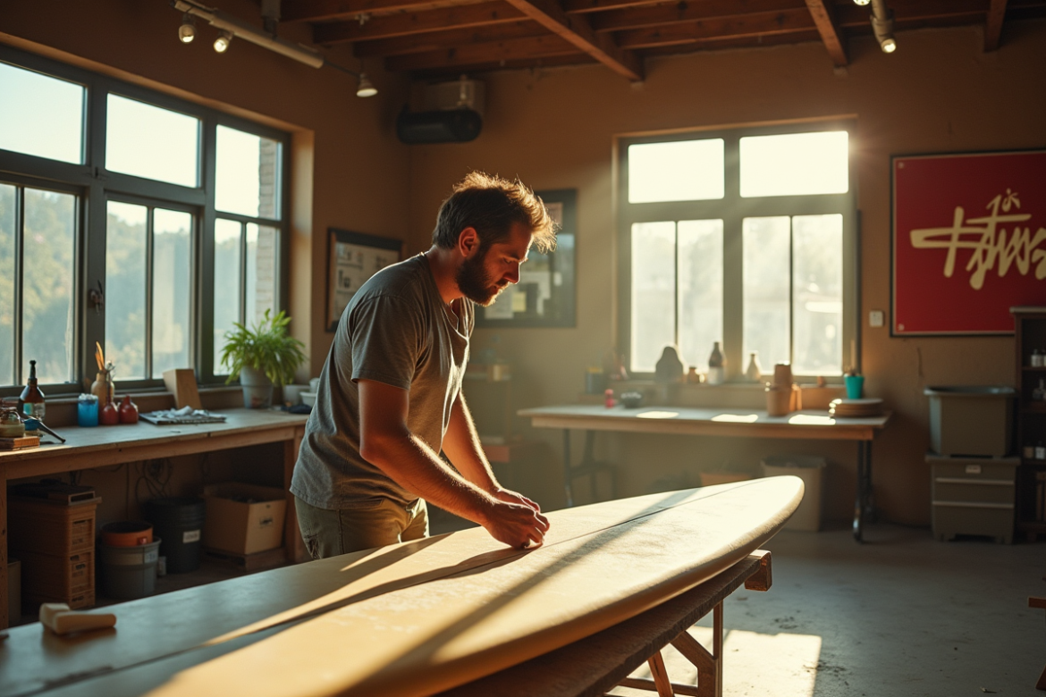 Atelier vintage de planches de surf dans les années 80 en Californie