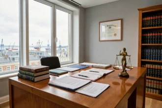 Intérieur d'un cabinet d'avocats au Havre avec bureau en bois, livres juridiques et balance de la justice