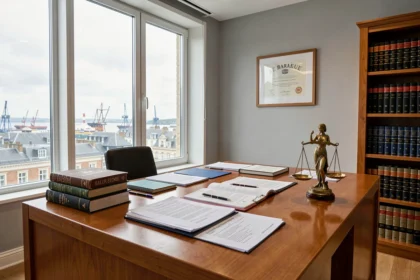 Intérieur d'un cabinet d'avocats au Havre avec bureau en bois, livres juridiques et balance de la justice