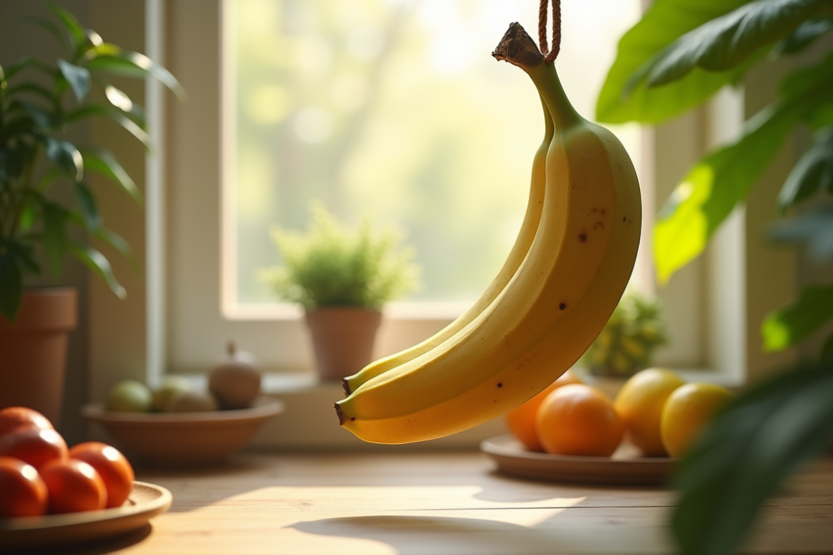 Banane mûre suspendue dans une cuisine lumineuse