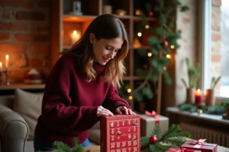 Femme déposant un calendrier de l'avent FDJ sur une table décorée pour Noël dans un salon français chaleureux