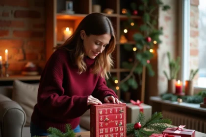 Femme déposant un calendrier de l'avent FDJ sur une table décorée pour Noël dans un salon français chaleureux