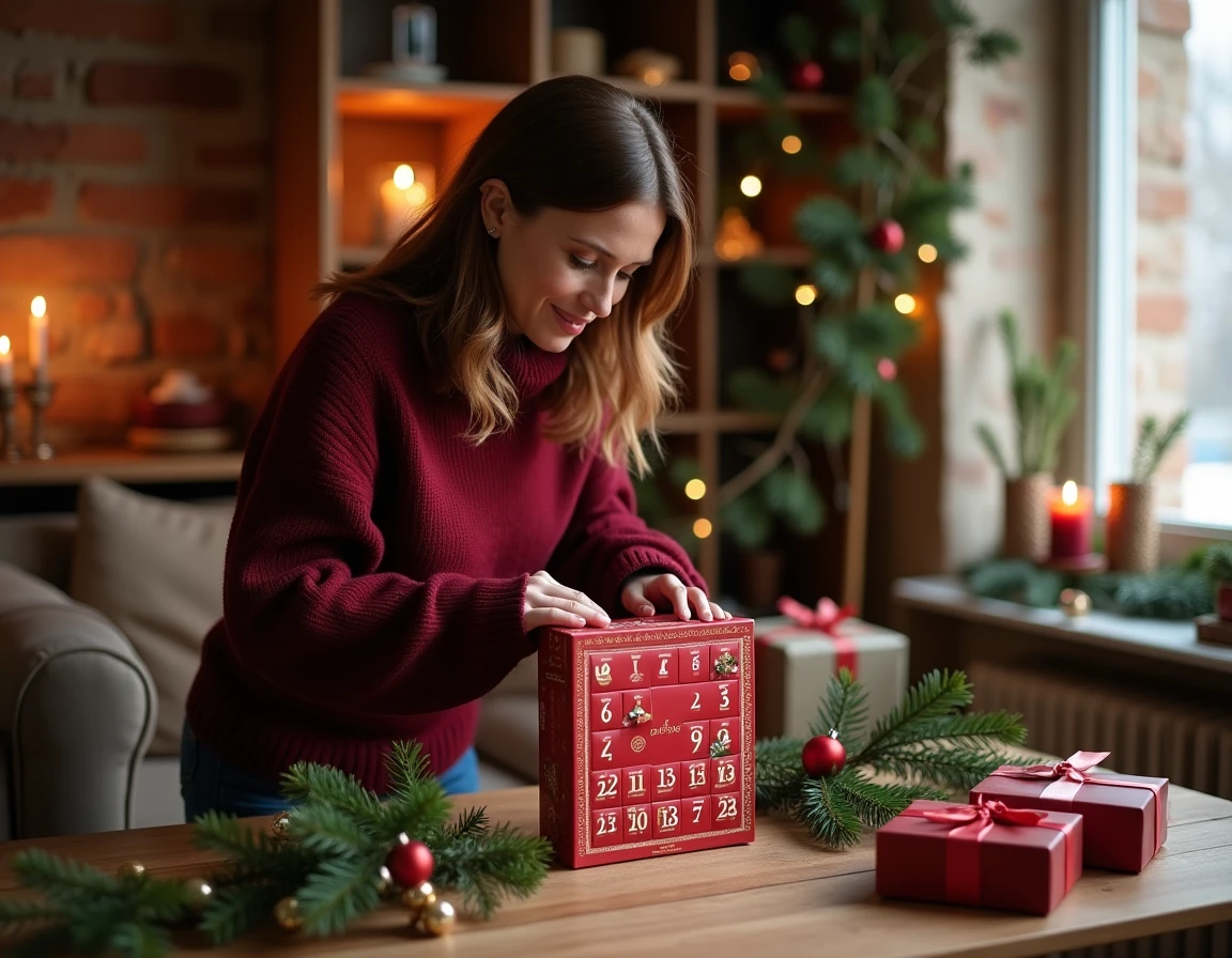 Femme déposant un calendrier de l'avent FDJ sur une table décorée pour Noël dans un salon français chaleureux