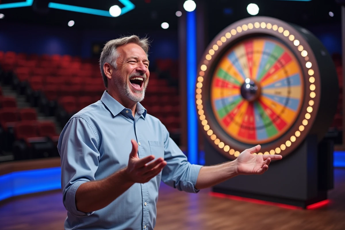 Candidat enthousiaste devant la grande roue d'un plateau de jeu télévisé
