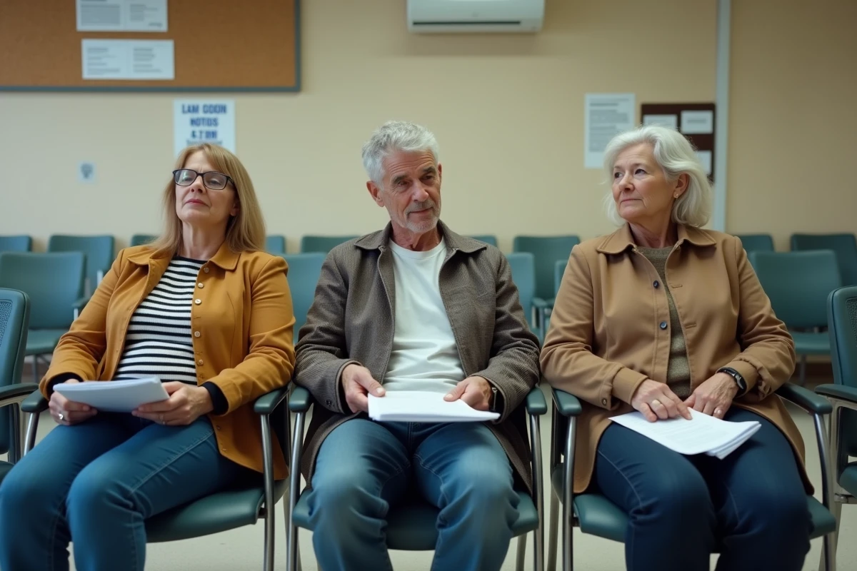 Groupe de candidats attendant dans une salle d'attente lors du casting d'un jeu télévisé
