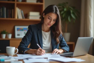Femme remplissant un formulaire de candidature pour une émission de jeu télévisé comme La Roue de la Fortune