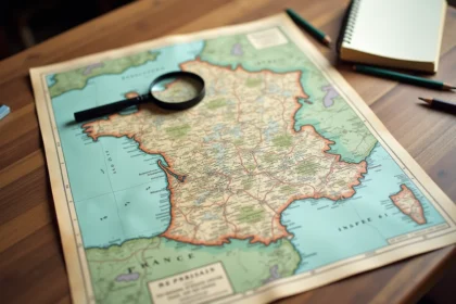 Carte administrative détaillée du département de l'Orne (61) avec cantons, arrondissements et codes INSEE posée sur une table en bois