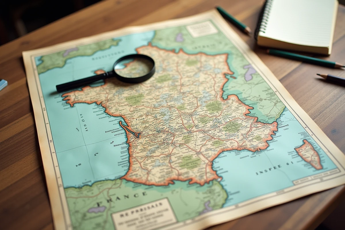 Carte administrative détaillée du département de l'Orne (61) avec cantons, arrondissements et codes INSEE posée sur une table en bois