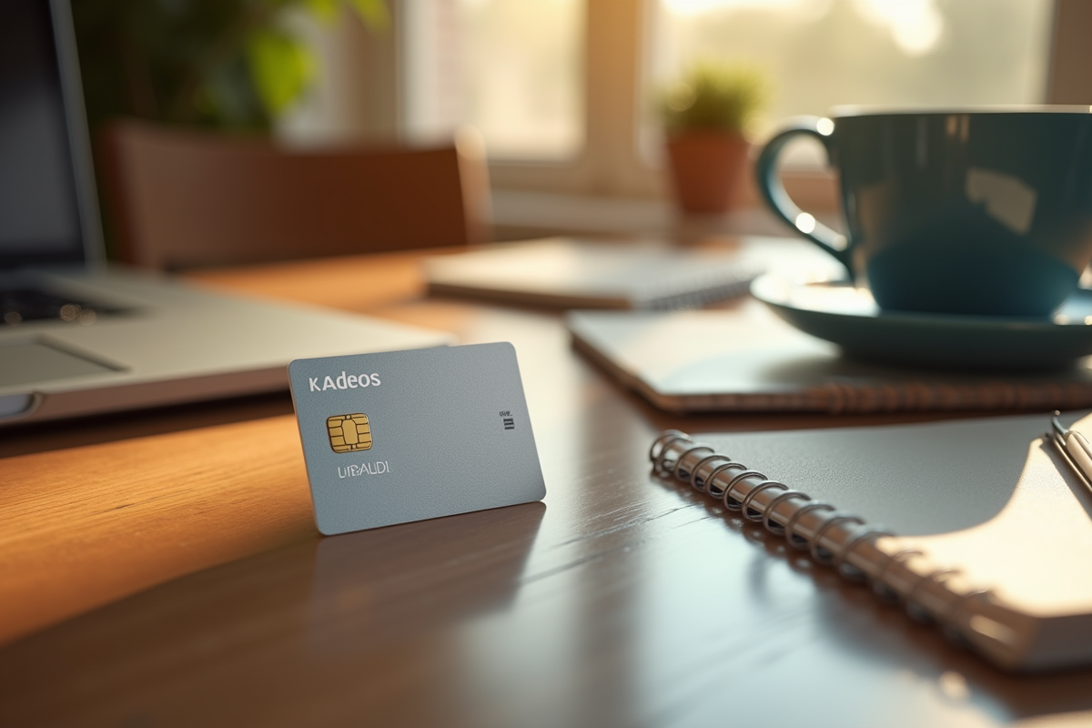 Carte cadeau Kadeos Infini sur un bureau en bois avec ordinateur et café