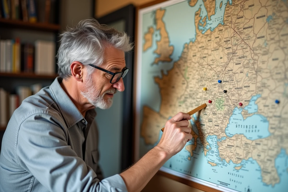 Cartographe professionnel étudiant la carte administrative du département 61 avec ses arrondissements et ses cantons dans un bureau géographique