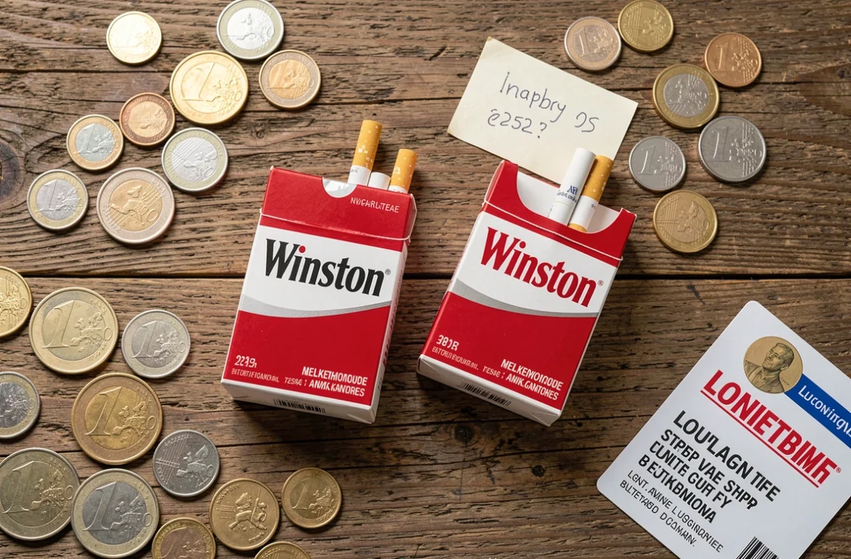 Vue aérienne de cartouches de cigarettes Winston sur une table en bois avec pièces en euros et note de prix manuscrite au Luxembourg