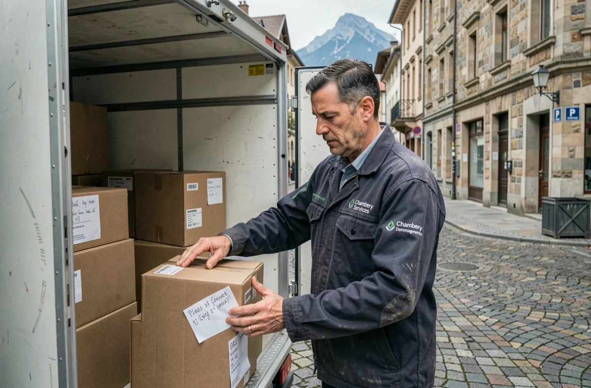 Déménageur Chambery Services Demenagements organisant des cartons étiquetés à l'arrière d'un camion ouvert dans une rue de Chambéry avec la chaîne de Belledonne en arrière-plan