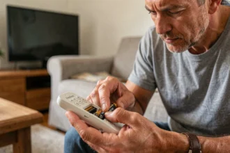 Homme changeant les piles d'une télécommande Freebox dans un salon moderne