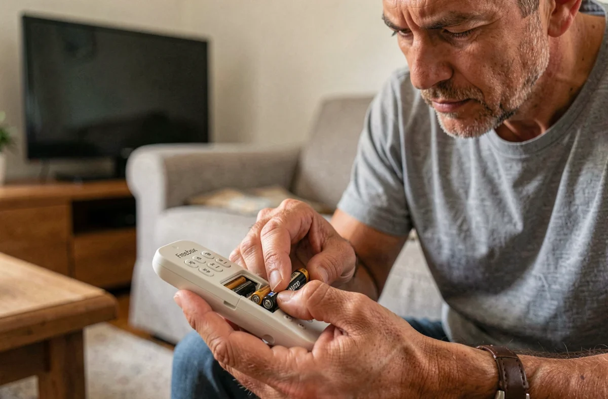 Homme changeant les piles d'une télécommande Freebox dans un salon moderne