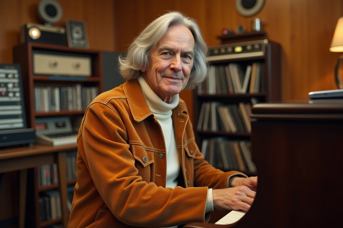 Musicien aux cheveux argentés dans un studio d'enregistrement vintage des années 70 avec piano et magnétophones à bobines