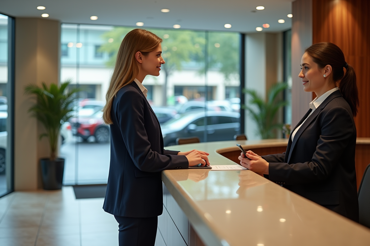 Jeune femme vérifiant son check-in à la réception d