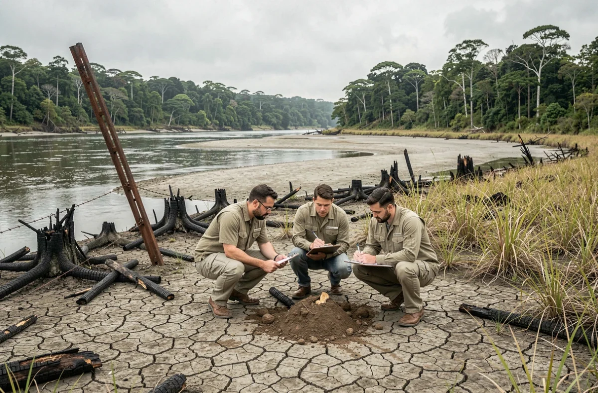 Chercheurs étudiant la déforestation et l'assèchement des rives du fleuve Amazone en 2026
