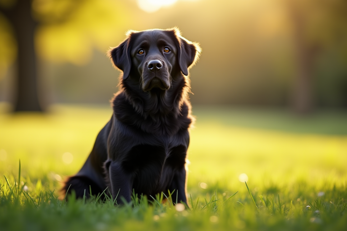 Golden retriever noir regardant la caméra dans un parc ensoleille