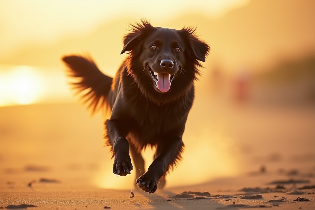 Golden retriever noir courant sur la plage au coucher du soleil