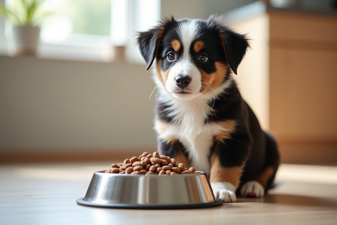 Chiot Australian Shepherd assis près d'une gamelle en cuisine
