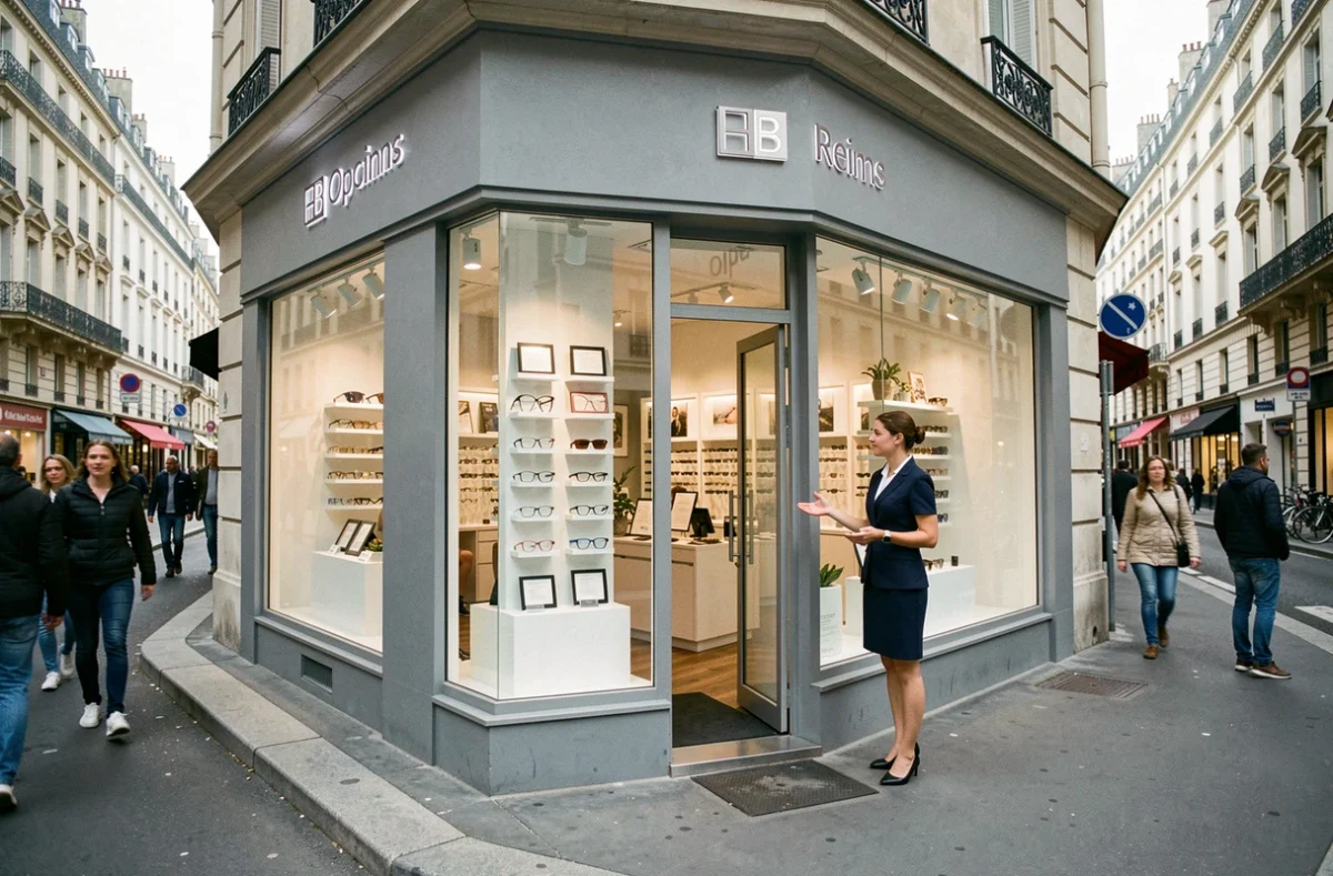 Devanture moderne de Clin d'Oeil Opticiens en centre-ville de Reims avec une opticienne accueillant une cliente