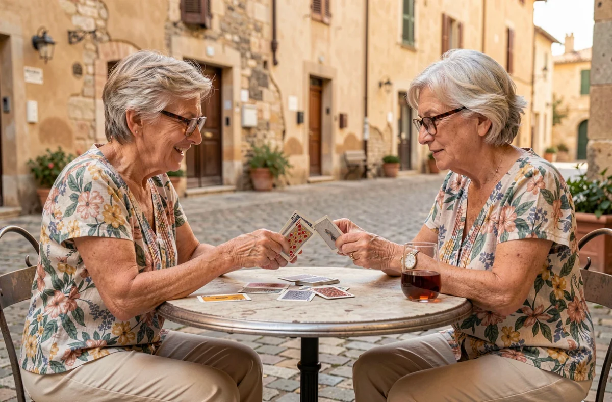 Deux femmes âgées jouant à la coinche en plein air sur une place de village provençal avec des cartes françaises traditionnelles