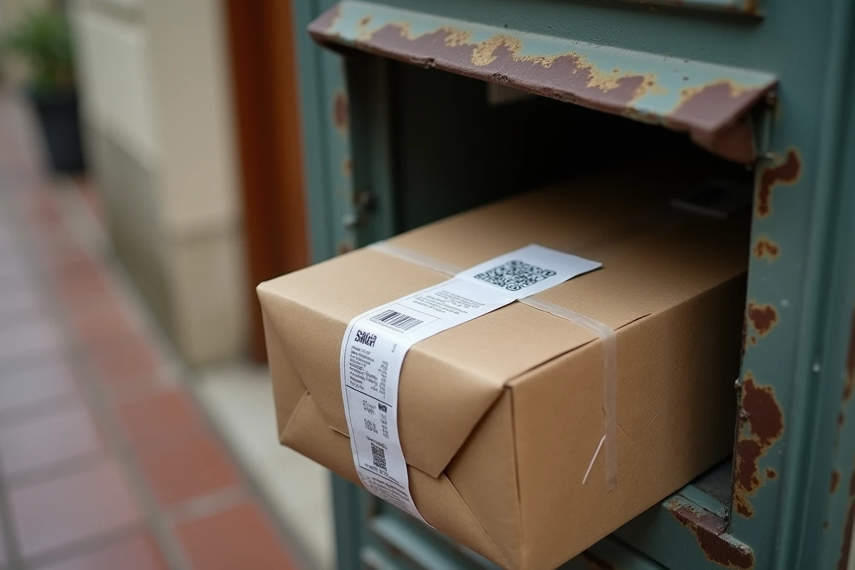 Colis retour Colissimo déposé dans une boîte aux lettres d'immeuble avec étiquette visible