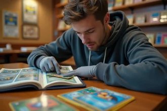Jeune collectionneur examine une carte Pokémon holographique