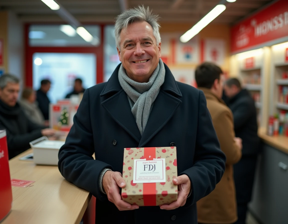 Homme tenant un calendrier de l'avent FDJ à un comptoir de bureau de poste pour l'envoyer en cadeau